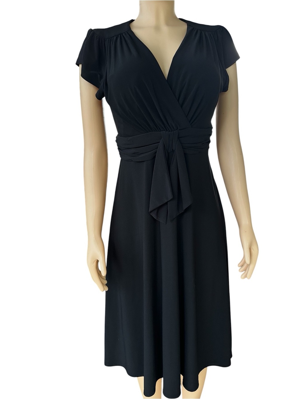 Evan Picone Women’s Black Wrap-Front Cap Sleeve  Midi Dress with Waist Tie